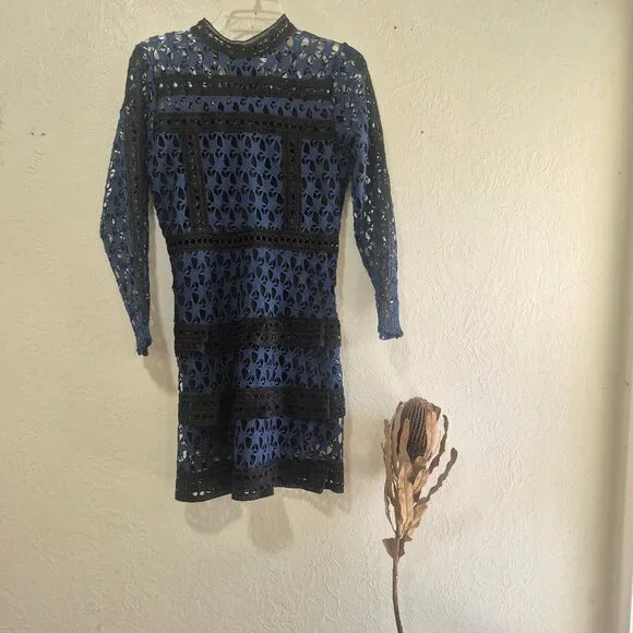 Self-Portrait Star Lace Long Sleeve Mini Dress Black Blue Tiered Ruffles  XS